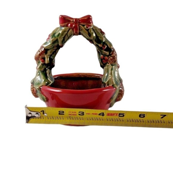 VTG Glazed Christmas Basket Pottery Trinket Candy Dish Stoneware Holiday Signed - Picture 8 of 9